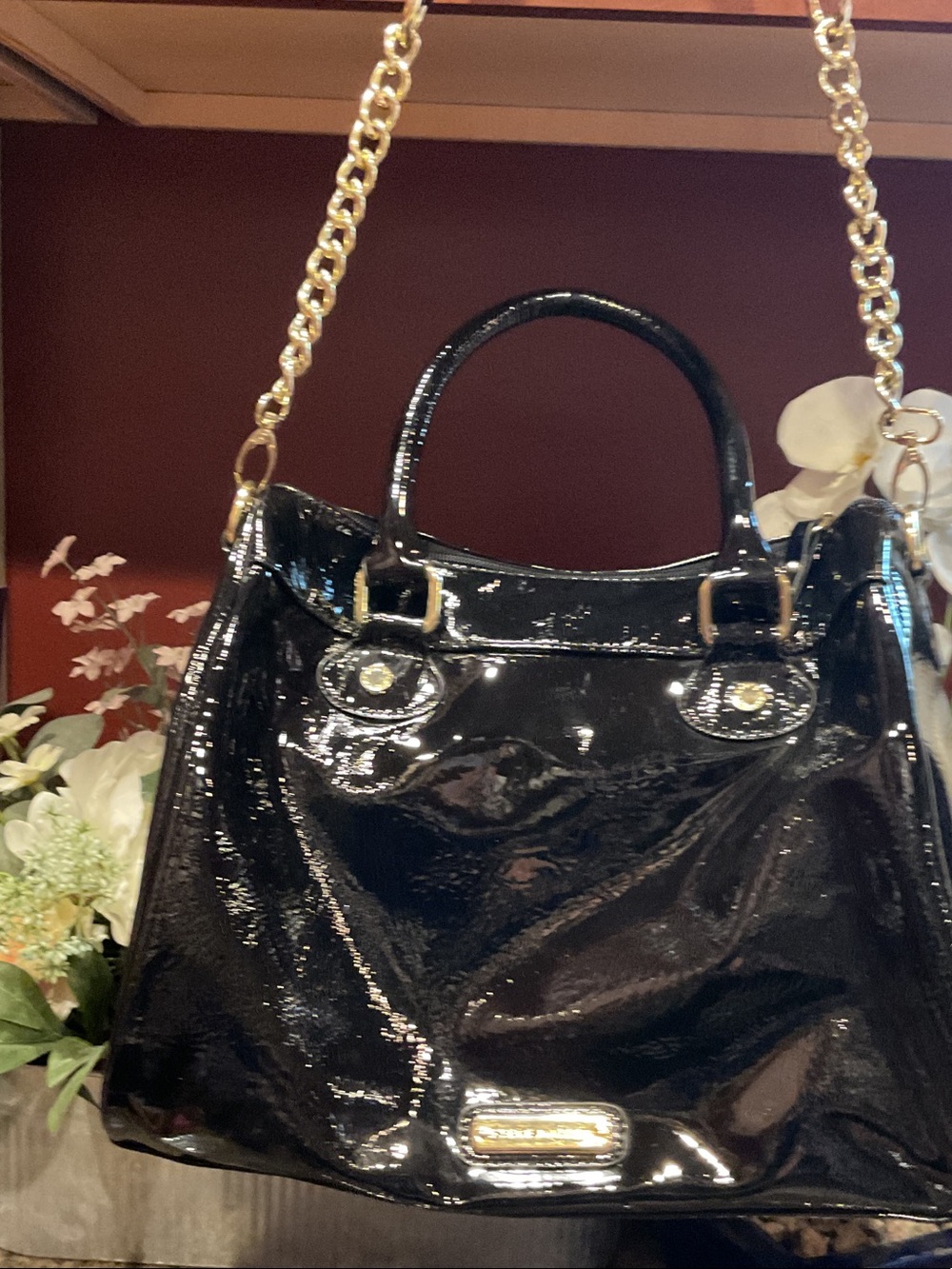 Black Patent Leather Tote Bag with Gold Chain Accents